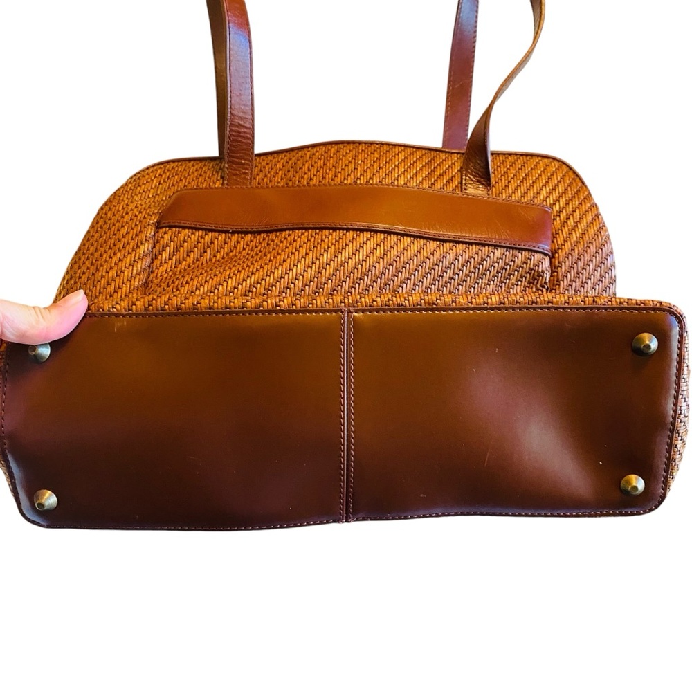 Fossil Tan Woven Straw & Leather Tote Bag With Double Handles & Multiple Pockets - Picture 3 of 4